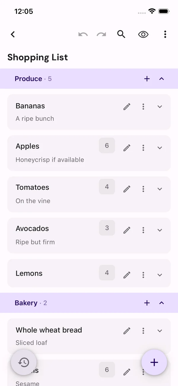 A shopping list displayed as mobile-friendly cards in PantaList